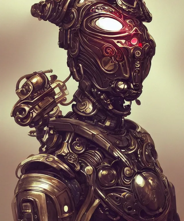 Image similar to a mechanical geisha portrait wearing sci fi armor, front facing!!!, surrealism , scifi, intricate cyberpunk armor, elegant, highly detailed cyberpunkbody armor, neon glowing eyes, digital painting, artstation, concept art, smooth, sharp focus, illustration, art by Artgerm and moebius and Peter Mohrbacher,