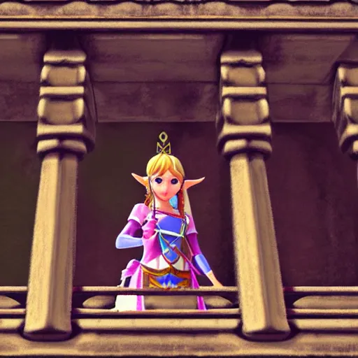 Image similar to Princess Zelda on the balcony of Hyrule Castle, photorealistic