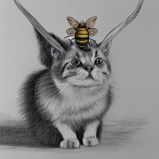 Prompt: a biological illustration of a cat with horns and a bee sting, pencil drawing