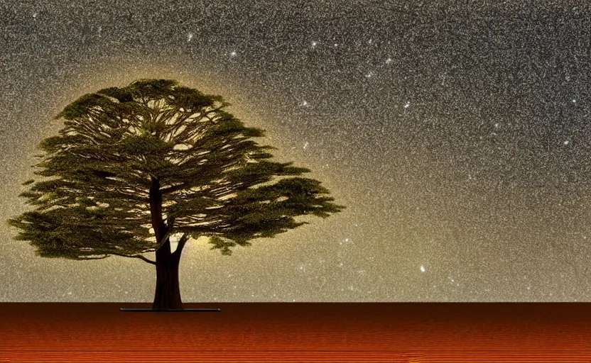 Prompt: one single stand alone huge hyperdetailed minimalist tree, seen from the long distance, at night. in a wood made of paper and plastics. maximalist unexpected elements. free sky in plain natural warm tones. 8 x 1 6 k hd mixed media 3 d collage in the style of a childrenbook illustration in pastel tones. matte matte background. no frame hd