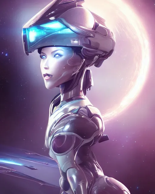 Prompt: photo of a beautiful girl on a mothership, android, warframe armor, pretty face, scifi, futuristic, galaxy, raytracing, dreamy, perfect, cosmic wind, pure, white hair, blue cyborg eyes, glow, insanely detailed, artstation, innocent look, art by gauthier leblanc, kazuya takahashi, huifeng huang