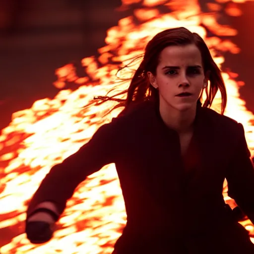 Image similar to Emma Watson on walking through fire, Action movie pyrotechnics shot, 8k UHD, studio photography, high quality, high detail, stunning lighting