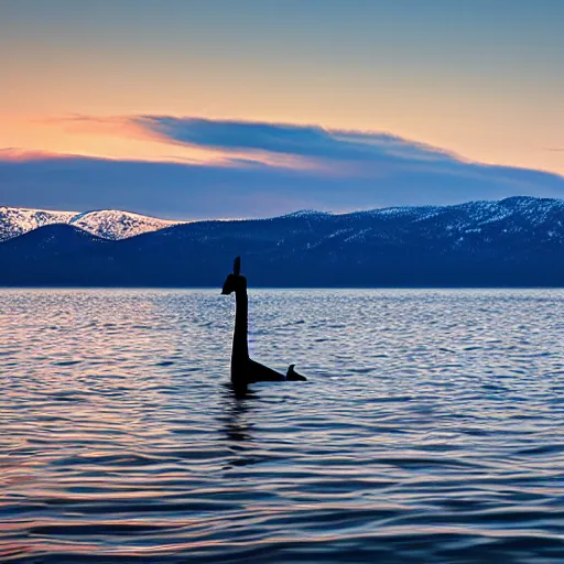 Image similar to nessie at lake tahoe from far off, crystal bay california, professional photography, sunset