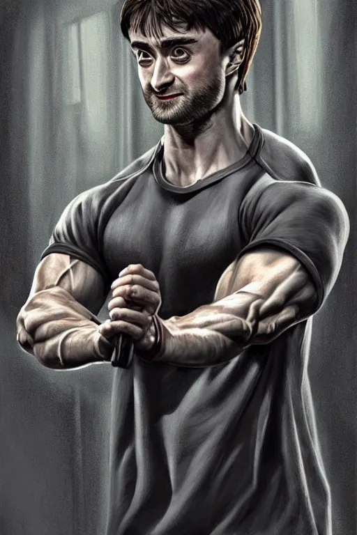 Image similar to highly detailed rendering of Daniel Radcliffe as Harry Potter doing barbell back squats, dingy workout gym, wearing a muscle tee shirt, muscular deep squats, symmetrical, highly detailed, digital painting, artstation, concept art, smooth, sharp focus, illustration, cinematic lighting, art by artgerm and greg rutkowski and alphonse mucha