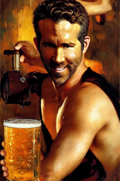 Prompt: ryan reynolds brewing beer painting by gaston bussiere, craig mullins, j. c. leyendecker, tom of finland