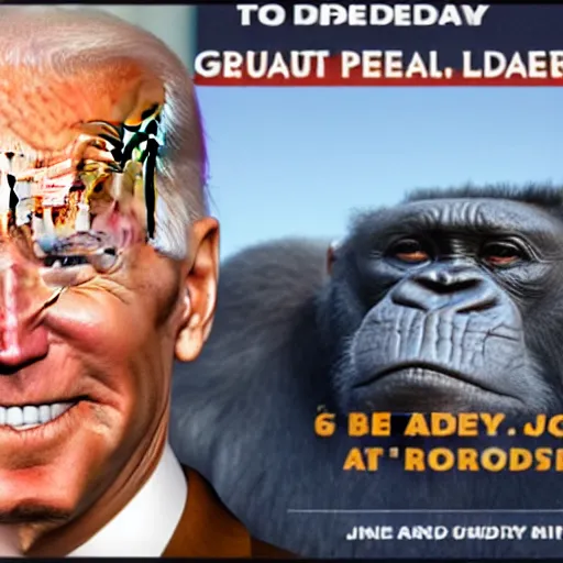 Image similar to the head of joe biden photoshopped onto a gorrilla's body, full - body shot