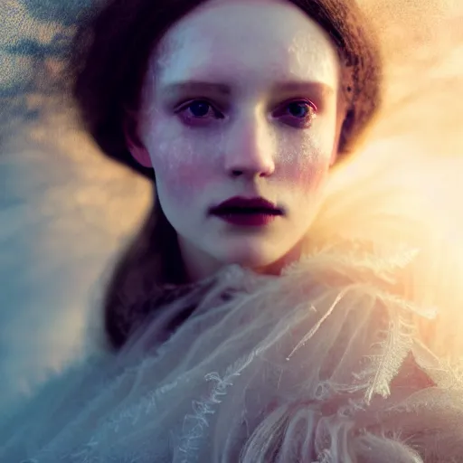 Image similar to photographic portrait of a stunningly beautiful english renaissance female in soft dreamy light at sunset, frozen forest, soft focus, gothic, contemporary fashion shoot, in a denis villeneuve and tim burton movie, by edward robert hughes, annie leibovitz and steve mccurry, david lazar, jimmy nelsson, extremely detailed, breathtaking, hyperrealistic, perfect face, octane render