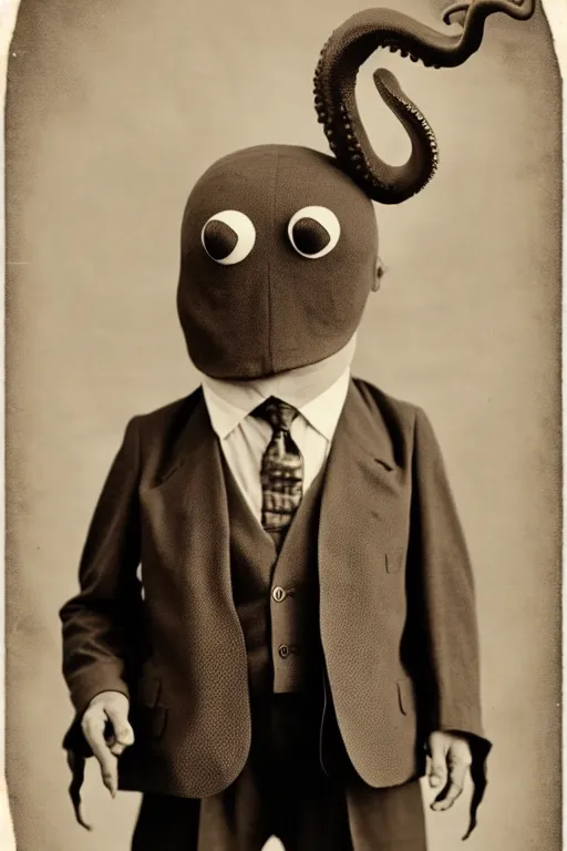 Image similar to anthropomorphic octopus , wearing a suit, vintage photograph, sepia