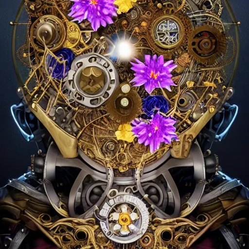 Image similar to a beautiful intricate fine art portrait photo of a mechanical industrial steampunk cybernetic yin yang symbol, overgrown with colorful flowers and leaves by tom bagshaw and sean archer, golden ratio composition, studio lighting, 50mm lens, very detailed, bionic, cybernetic scifi, deep depth of field, artstation, 8K, highly coherent