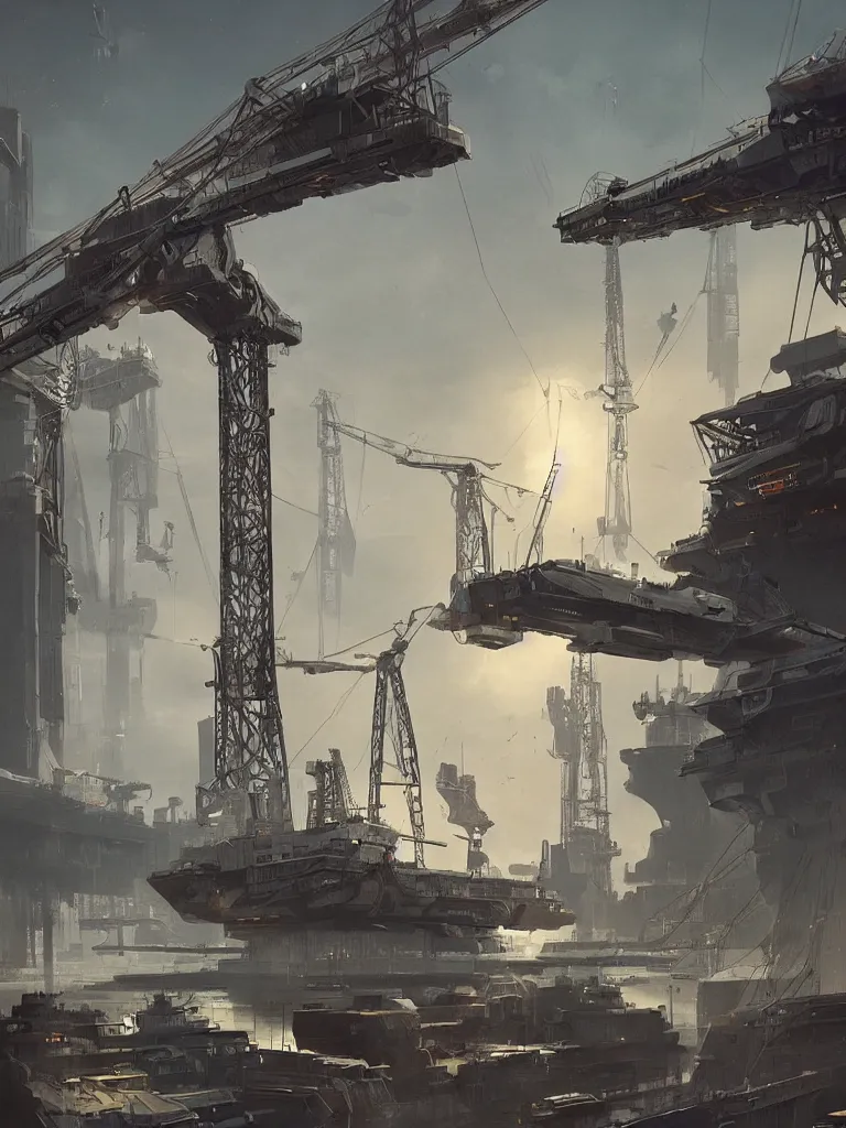 Image similar to a science fiction harbour, gigantic crane, james paick, trending on artstation