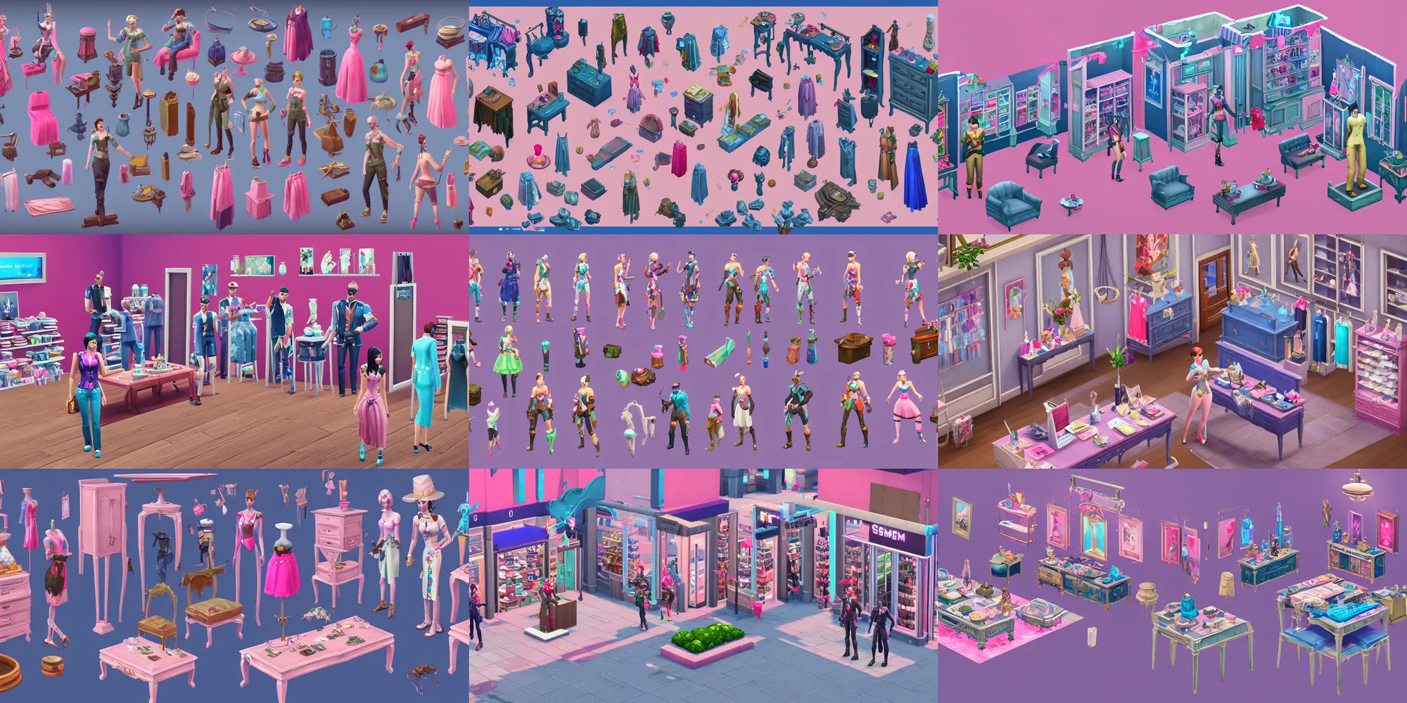 Prompt: game asset of the sims dress clothing shop furniture and decoration, in gouache detailed paintings, props, stylized, 2 d sprites, kitbash, arcane, overwatch, blue and pink color scheme, 8 k, close up