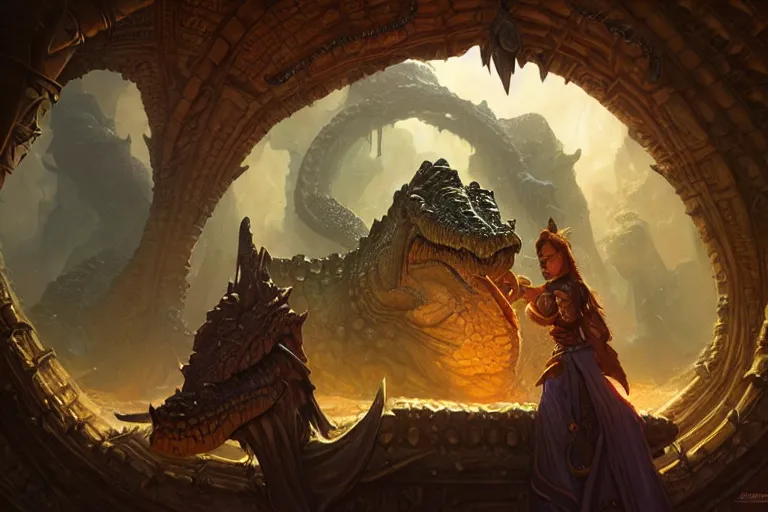 Image similar to crocodile god lair, deep focus, d & d, fantasy, intricate, elegant, highly detailed, digital painting, artstation, concept art, matte, sharp focus, illustration, hearthstone, art by artgerm and greg rutkowski and alphonse mucha