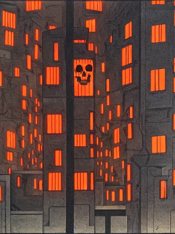 Image similar to painting by beksinsky, giger, bosch of soviet residential building, brutalism architecture, red lights are on windows, demons in adidas, hellish, dark night, hell fire, epic, street lamps as bones with orange light, several birches with skulls, veins wired, mega detailed