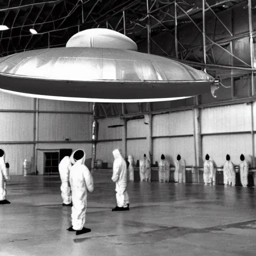 Image similar to flying saucer, ufo, alien ship inside a hanger, old photo, vintage photo, grainy, realistic, real photo, men in hazmat suits standing around