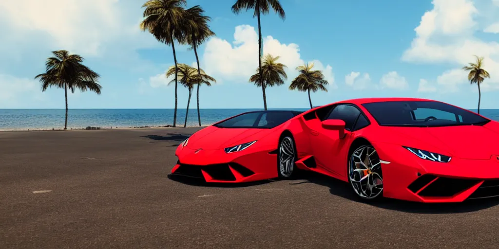 Image similar to red Lamborghini huracan!, unreal engine 5!, hyperrealistic!, cinema 4D!, dynamic lighting! Beach! Tropical paradise!, cinematic landscape!, studio landscape! Amazing ultra quality! Substance painter!