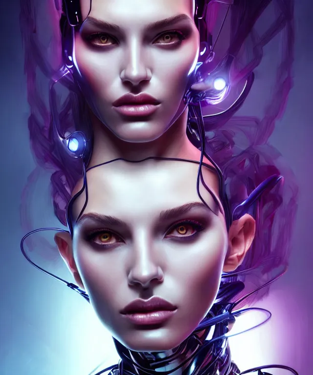 Image similar to Supermodel woman turning into an Android portrait, dark surrealism , scifi, intricate, elegant, sharp eyebrows, dark hair, highly detailed cybernetic body, neon glowing eyes, digital painting, artstation, concept art, smooth, sharp focus, illustration, art by artgerm and moebius and alphonse mucha