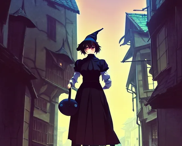 Image similar to ilya kuvshinov, cel shading, moody, key anime visual portrait of a young female witch walking through a busy medieval village, dynamic pose, dynamic perspective, cinematic, dramatic lighting, muted colors, detailed silhouette, textured, anime proportions, alphonse mucha, perfect anime face, kyoani, yoh yoshinari, takashi murakami