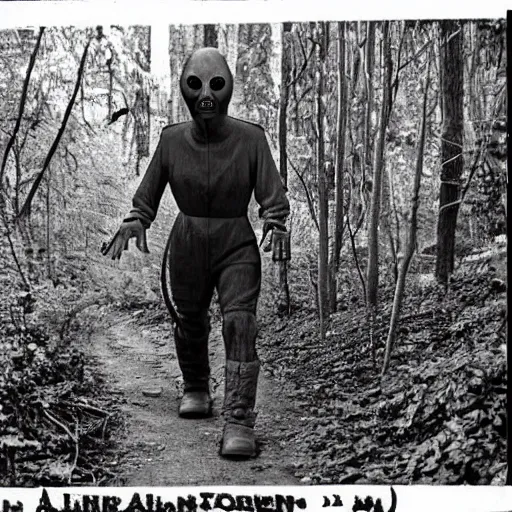 Image similar to old photo of an alien walking through the woods