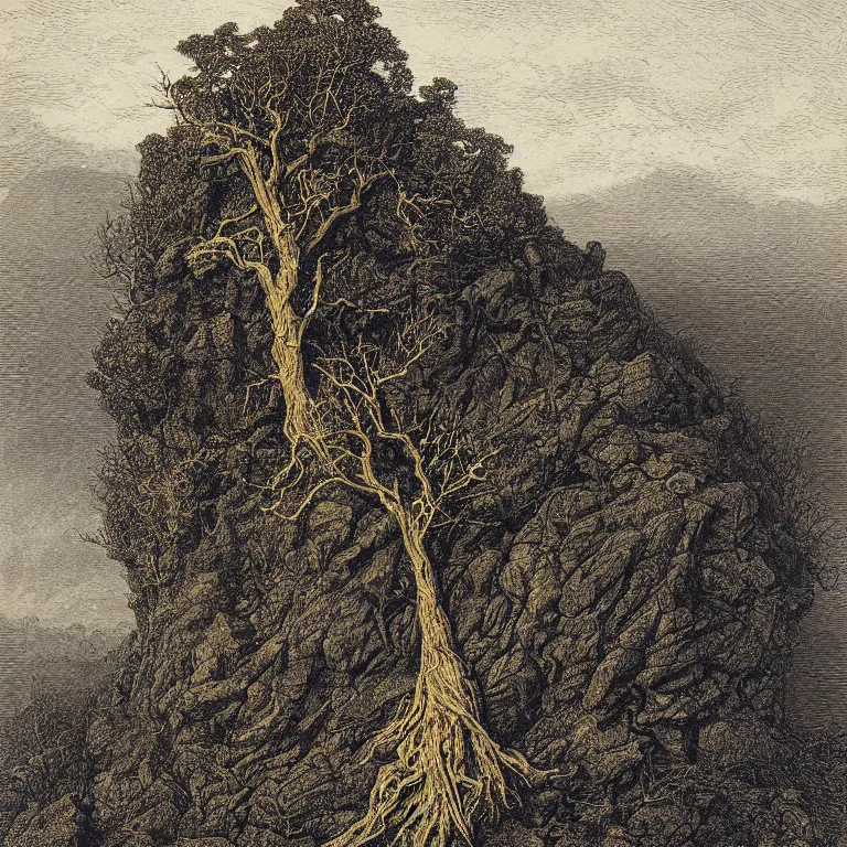 Prompt: a coloured engraving of a lone gnarled tree clinging to a scree slope by gustave dore, john blanche, ian miller, highly detailed, strong shadows, depth, illuminated focal point, golden hour, coloured lithograph engraving
