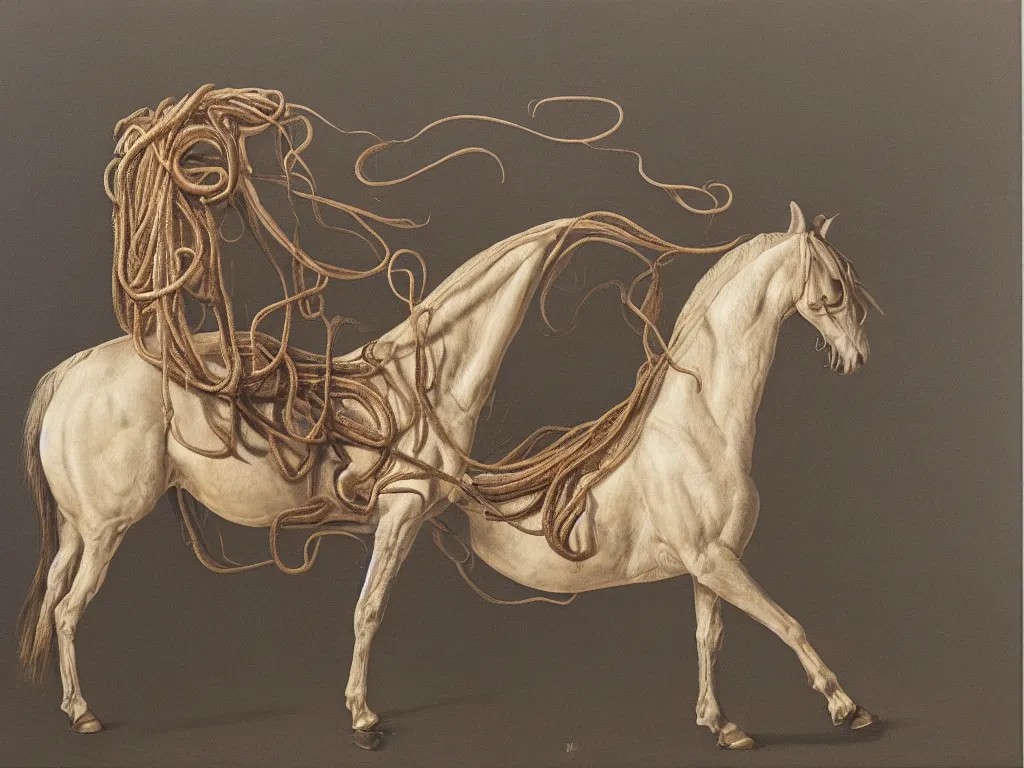 Prompt: a perfect hyperrealist painting of a horse, leg tentacle transplant and a mane of tentacles. 3 5 mm film photograph in style of stubbs whistlejacket. fine art, gallery lighting, solemn, and exquisite