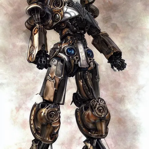 Prompt: concept art of an humanoid steampunk mecha in the shape of an armored hoplite by ayami kojima, scifi, artstation hq