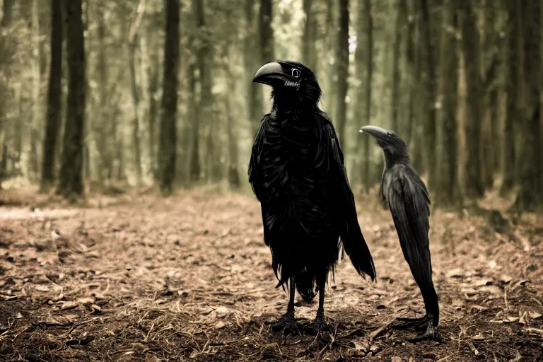 Image similar to werecreature consisting of a crow and a human, photograph captured in a dark forest