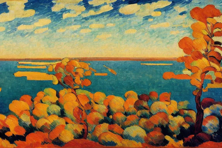 Image similar to A sprawling high resolution abstract landscape painting of the Chesapeake bay in the fall, bathed in golden light, peaceful, sailboats, birds in the distance, golden ratio, fauvisme, art du XIXe siècle, oil on canvas by André Derain, Albert Marquet, Auguste Herbin, Louis Valtat, Musée d'Orsay catalogue