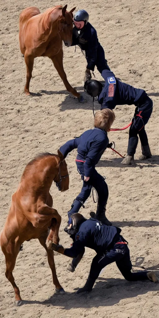 Image similar to horse wrestles astronaut on all fours on hands and knees in grappling in closed guard on mount position