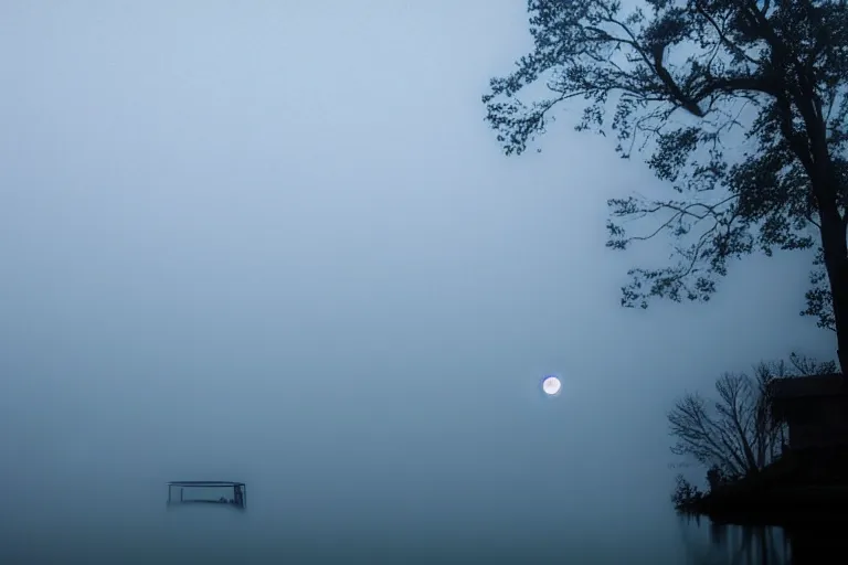 Prompt: old house in the middle of the lake, fog, moon rays through the fog, night sky, deep blue mood, by stanley kubrick