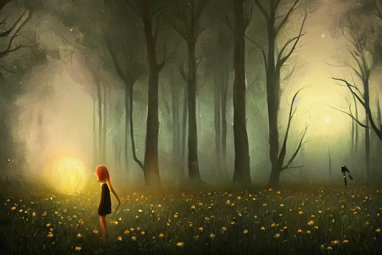 Image similar to giant daisy flowers head, girl walking in dark forest, surreal photography, dark night, stars, moon light, impressionist painting, clouds, digital painting, artstation, simon stalenhag