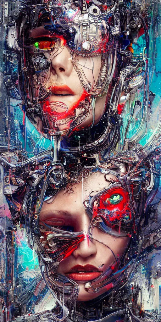 Prompt: portrait of computer & circuits, melting, playboy model, 8 k, by tristan eaton, stanley artgermm, tom bagshaw, greg rutkowski, carne griffiths, ayami kojima, beksinski, giger, trending on deviantart, face enhance, hyper detailed, minimalist, cybernetic, android, blade runner, full of colour, super detailed