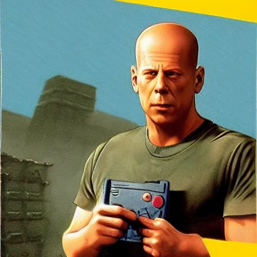 Image similar to box art for a gameboy game that just loads a picture of bruce willis's face. no other gameplay features.