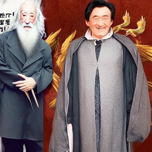 Prompt: old Jackie Chan as Dumbledore with a long grey bird