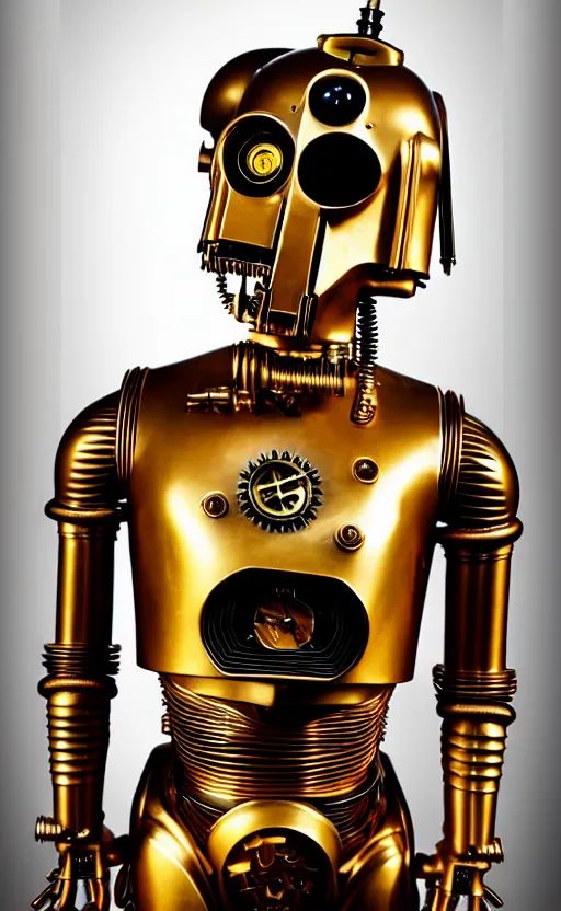 Image similar to steampunk version of c 3 po, promotional photo, studio lighting