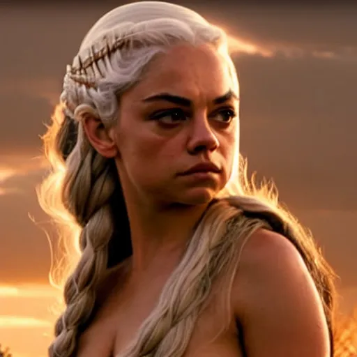 Image similar to mila kunis as daenerys targaryen, golden hour, cinematic