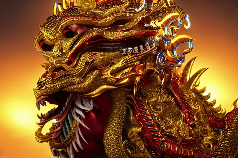 Prompt: cinematic closeup portrait of a golden chinese dragon intricately decorated with colorful jewels, detailed textures, strong bokeh, sunrays, dramatic sunset lighting, unreal engine, cgsociety, artstation, 4k