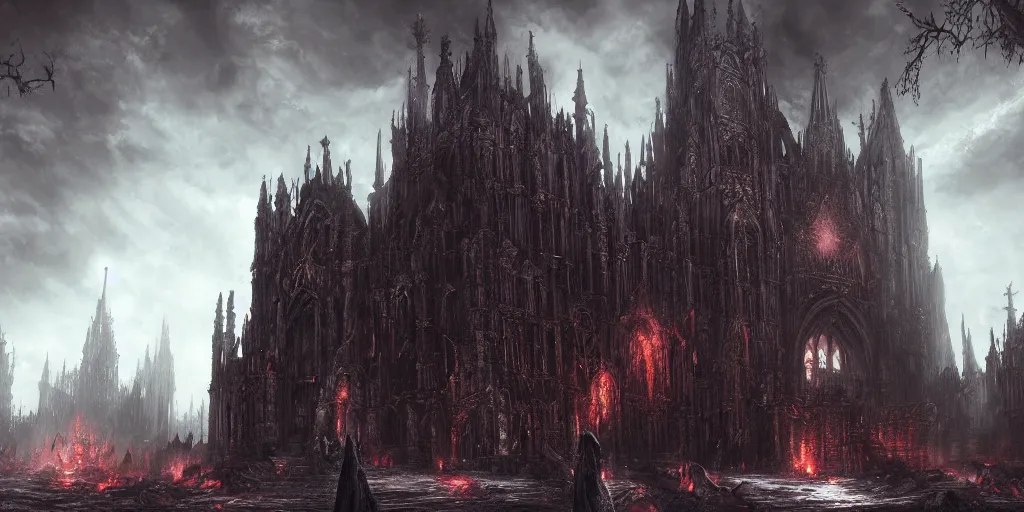 Image similar to dark fantasy cathedral environment, dark souls 3, darksiders, wide angle lens, horror, awe, highly detailed, artstation, game concept art, matte painting