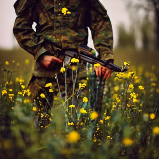 Image similar to close up kodak portra 4 0 0 photograph of a soldier in a flower crowd with ak - 4 7 in which the flowers after the battle standing in dark forest, flower crown, moody lighting, telephoto, blurry background, faded