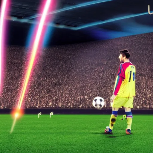 Image similar to a picture of messi in a soccer stadium, shooting a laser beam out of his hands