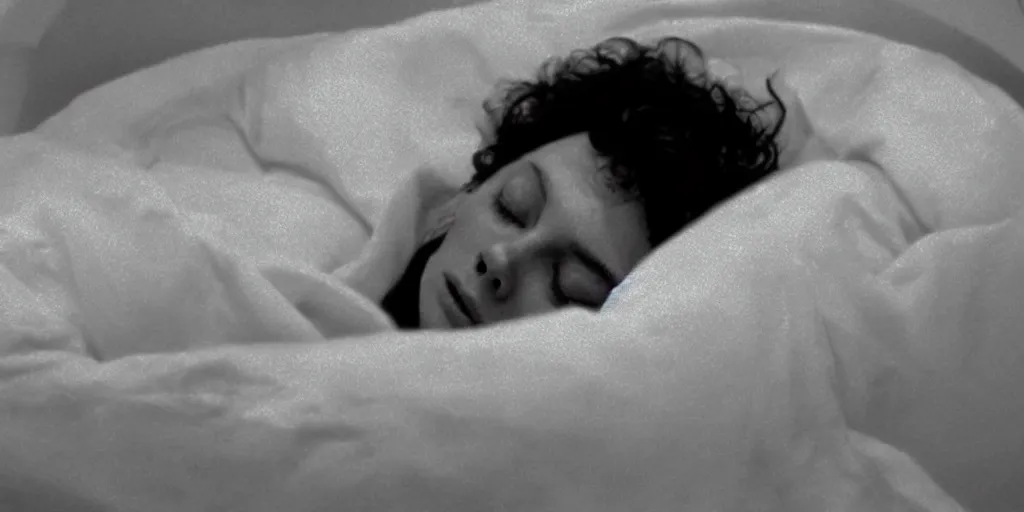 Image similar to a close-up of Ripley sleeping inside an all-white cryogenic sleeping capsule by Ridley Scott, Alien movie, grainy, bluish and cream tones