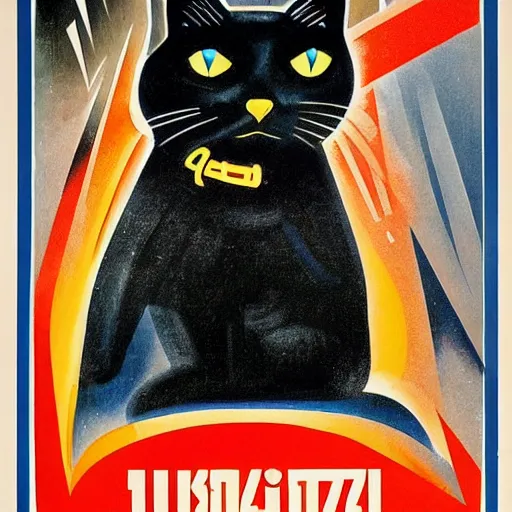 Prompt: soviet propaganda poster, black cat, blue eyes