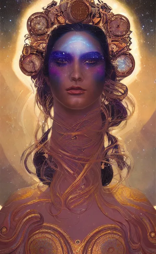 Image similar to portrait of a cosmic goddess, suit made out of stars and galaxies and cosmic energy, intricate, headshot, highly detailed, digital painting, artstation, concept art, sharp focus, cinematic lighting, illustration, art by artgerm and greg rutkowski, alphonse mucha, cgsociety