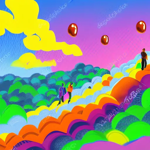 Image similar to hyperpop art of a bucolic landscape with two hikers shattering into millions of brightly coloured Smarties towards the heavens, cinematic shot