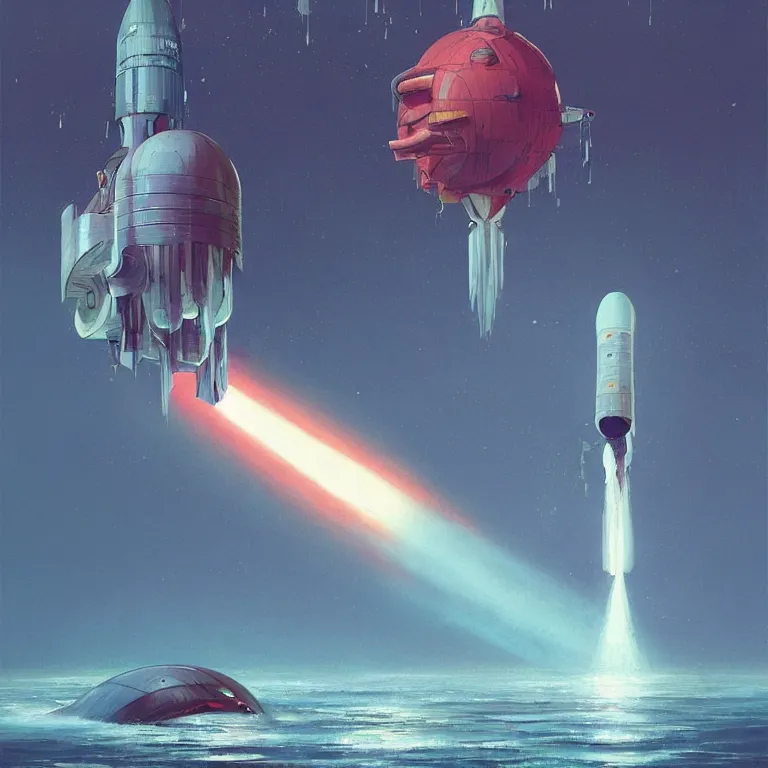 Prompt: mechanical spaceship nautilus dripping wet emerging from a the ocean, launching to space, big booster rocket engines, sci - fi concept art, by john harris, by simon stalenhag, stunning, award winning