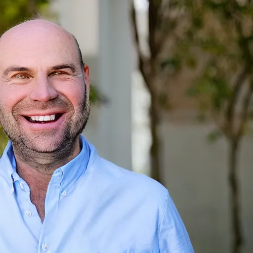 Image similar to color photograph of a balding, middle aged, brown haired, hairy, blue eyed, round faced, short white man dressed in a white shirt, smiling at the camera with perfect, straight white teeth
