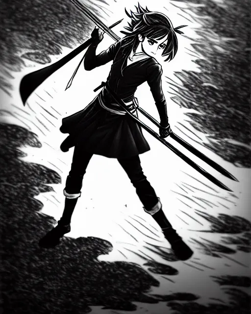 Image similar to a very detailed pencil drawing of emma watson in demon slayer manga panel, action lines, on rooftop, back light, sword slash, high resolution, dynamic pose, landscape, full body, action, sword, hyper realistic, manga, koyoharu gotouge, sakuga