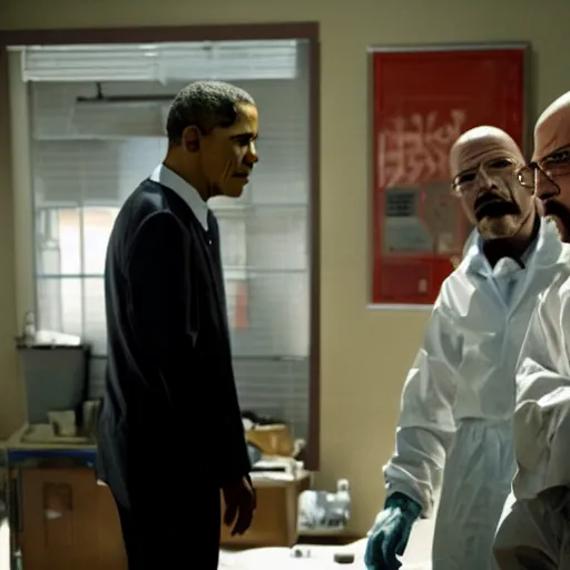 Image similar to film still of Obama making meth with Walter White in Breaking bad in season 1 episode 6, 4k, photorealistic faces