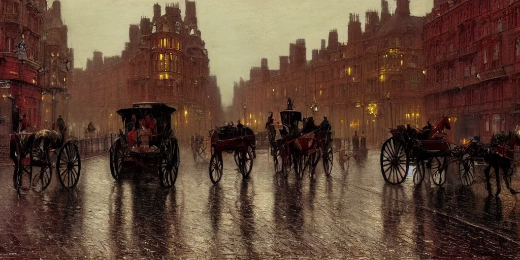 Image similar to Horse carriages on a Victorian city street on a rainy day in London, evening, low angle view, detailed matte painting, cinematic, John Atkinson Grimshaw, Artstation