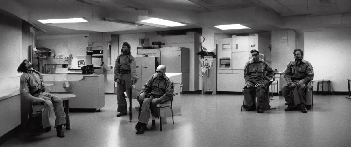 Image similar to filmic wide shot movie still 4 k uhd interior 3 5 mm film color photograph of two armed guards sitting down and talking in a break room in a military base, in the style of the horror film the thing 1 9 8 2