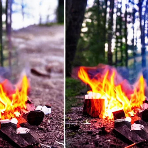 Prompt: 4K HD, high detail photograph,shot with Sigma f/ 4.2 , 250 mm sharp lens, overlap perspective, becoming the subject extreme wide shot ,shallow depth of field : (subject= marshmallows, campfire + subject distance = very far + high detailed light refraction , high level texture render)